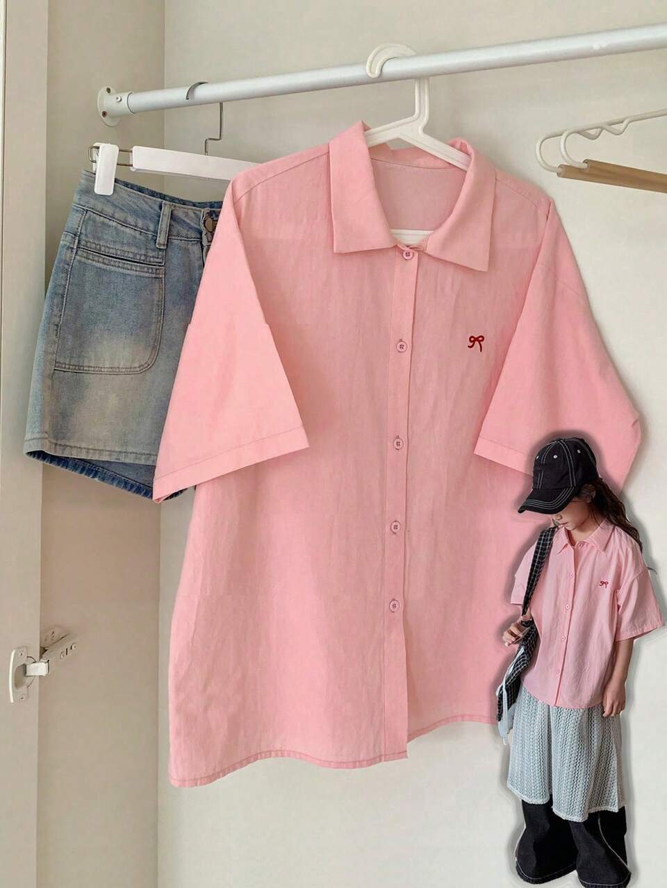 Tween Girl Collar Bow Embroidery Floral Short Sleeve Blouse, Spring/Summer