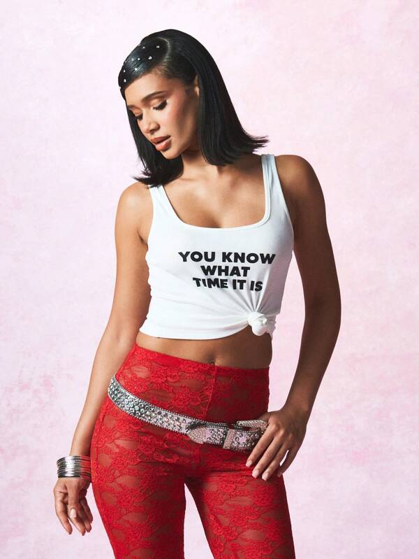 SUMWON WOMEN Top corto sin mangas con estampado tipográfico de declaración, estilo casual de calle de verano