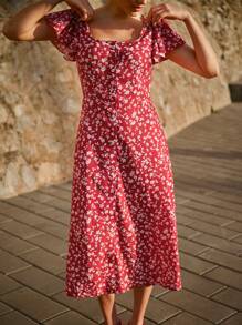 SHEIN Frenchy Women's Holiday Floral Print Short Sleeve Mid-Calf Dress,Spring/Summer, Suitable For Daily Wear, Romantic And Elegant Valentine's Day, Ruffle Sleeves, Slit Dress,Red Print