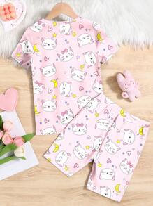SHEIN Leap Crew Pigiama per ragazze con stampa di gatti cartoni animati, composto da top a maniche corte e pantaloncini, vestibilità aderente, adatto per primavera/estate - Multicolore - Visualizzare 2
