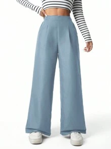 Pantalones anchos de pierna ancha sueltos y negros con pliegues en la cintura para adolescentes/adolescentes, versátil para primavera, verano, otoño e invierno - Neblina azul - Ver 7