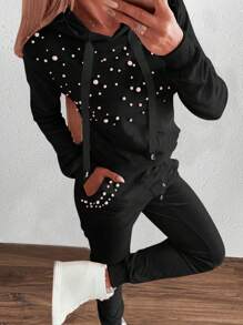 SHEIN Essnce Women's Solid Color Beaded Decor Drawstring Hoodie And Sweatpants 2pcs Set, Casual - Black - View 1