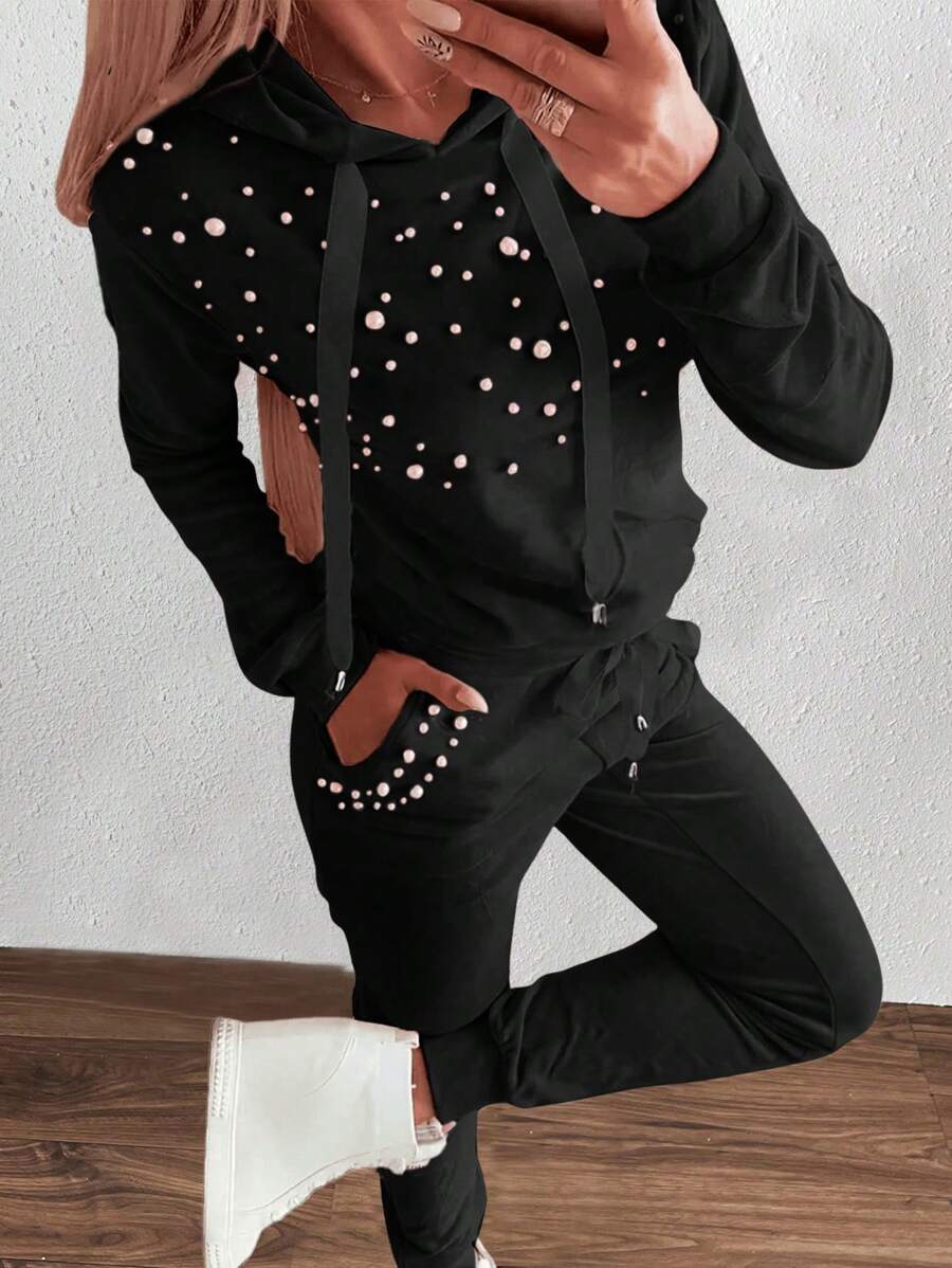 SHEIN Essnce Women's Solid Color Beaded Decor Drawstring Hoodie And Sweatpants 2pcs Set, Casual - Black - View 1