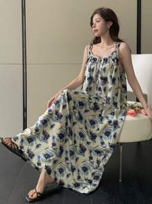 DAZY Damen Kleid mit Blume Muster und Bindedetail, ärmellos, knöchellang, Lässig Sommerkleid für Kreuzfahrten, Abendkleider, Maxikleid - Grün - Übersicht 2