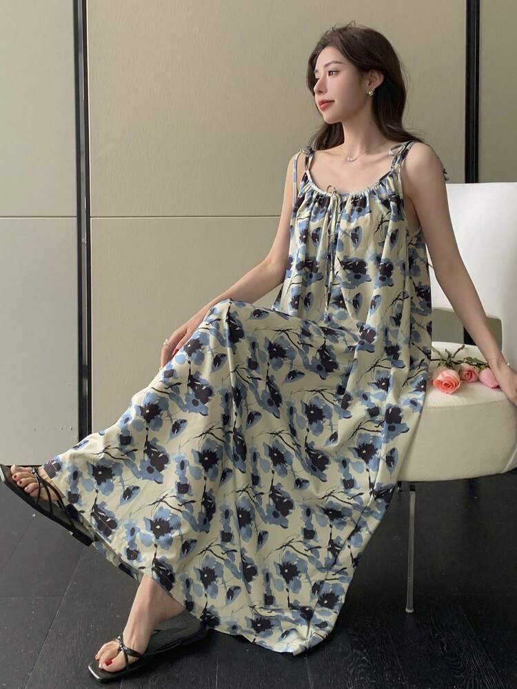 Women Floral Print Tie-Front Casual Sleeveless Mid-Calf Dress Summer Cruise Women Outfits Prom Dress Maxi Dress
