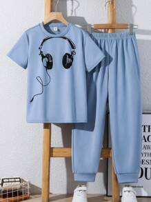 2pcs Tween Boy Casual Loose Cartoon Headphone Print Crew Neck Short Sleeve Top And Pants Knit Tracksuit Set, Suitable For Commuting, School, Everyday Wear, Sports, Spring/Summer - Blue - View 1