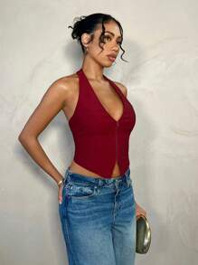 SHEIN BAE Áo kiểu Angela màu đỏ rượu vang đậm, dáng ngắn, thích hợp cho kỳ nghỉ hè ở bãi biển, có dây đeo chéo phía sau, phù hợp cho hẹn hò hàng ngày, đi chơi tối, hộp đêm, tiệc tùng, gặp gỡ bạn bè, đi làm, công sở, mặc đi học, mặc đi nghỉ mát. - Màu Đỏ Sâu - Xem 5
