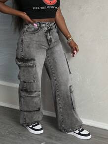 SHEIN Tall Asymmetrische taille Utility Pocket gewassen denim jeans