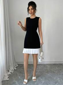 Elenzga Women's Solid Color Splicing Round Neck Sleeveless Casual Black And White Short Dress - Black and White - View 5