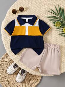 SHEIN Toddler Boys' Casual Contrast Color Block Short Sleeve Polo Shirt & Shorts Set, Spring/Summer - Royal Blue - View 3
