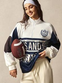 VARSITIE Long Sleeve Workout Top High Collar Long Sleeve Loose Fit Digital Print Jacket