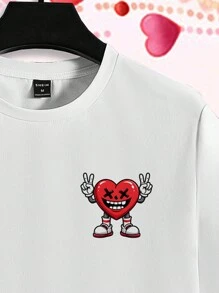 Manfinity RebelGame 男士情人节休闲卡通心形印花圆领短袖T恤，潮流街头风格情人节礼物适合夏季外出，送给朋友、丈夫、男朋友、情侣装的礼物 - 白色 - 查看 3