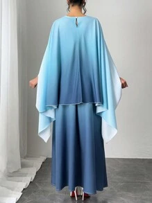 Firerie 女士优雅浪漫雪纺渐变长袖两件套，高腰 A 字长裙，适合情人节、晚宴、秋冬/春季 - 藍色 - 查看 4