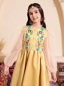 Vestido elegante de manga larga con estampado floral y malla para niñas preadolescentes