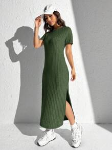 SHEIN EZwear Vestido de punto acanalado con abertura lateral para el verano - Verde - Ver 3