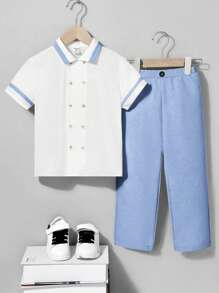 2 件套年轻男孩学院风拼布撞色领双排扣短袖衬衫和裤子绅士装，适合儿童装、男孩服装、返校、校服、幼儿园、生日派对、晚会、婚礼、洗礼、毕业典礼