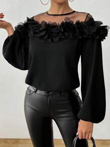 SHEIN Unity 女士休闲露肩简约刺绣花卉长袖衬衫 - 黑色 - 查看 4