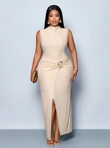 SOLERSUN Women Elegant Solid Color Sleeveless Mock Neck Collar Twisted Dress,Suitable For Christmas Party Vacation & Dating & Valentine's Day Dating