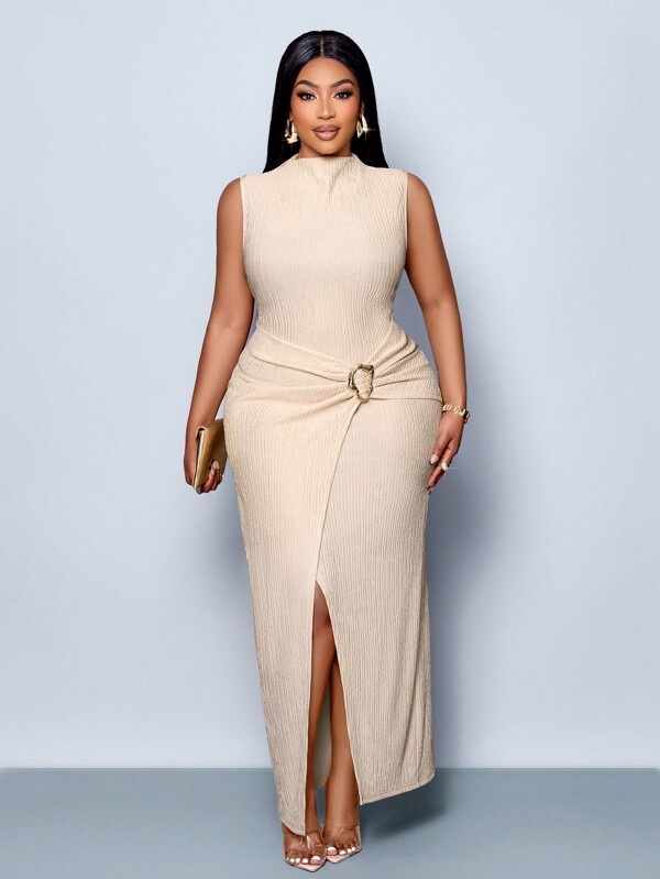 SOLERSUN Vestido de mujer elegante de color liso sin mangas con cuello alto simulado y detalle retorcido, adecuado para fiestas navideñas, vacaciones y citas de san Valentín