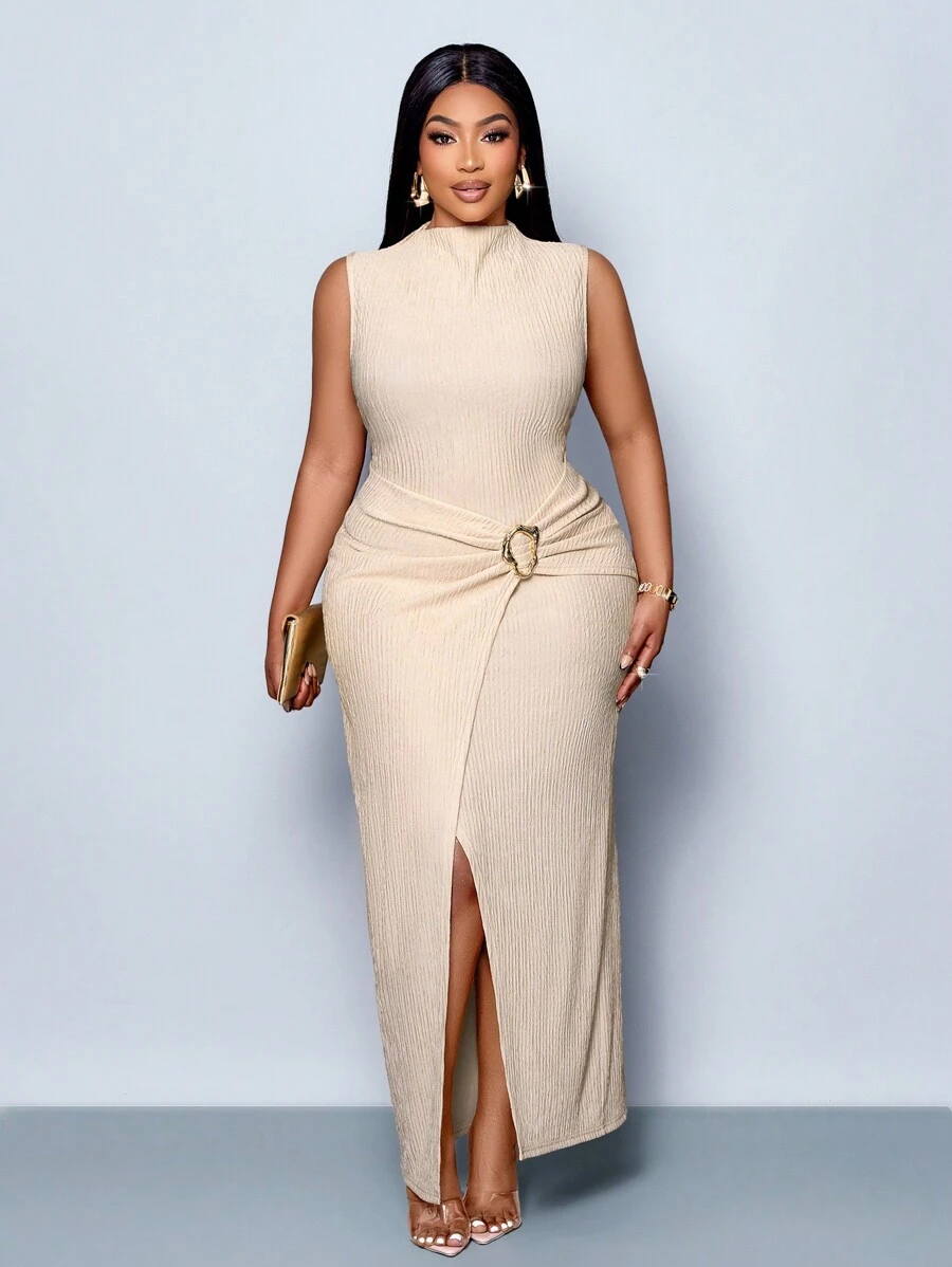 SOLERSUN Women Elegant Solid Color Sleeveless Mock Neck Collar Twisted Dress,Suitable For Christmas Party Vacation & Dating & Valentine's Day Dating