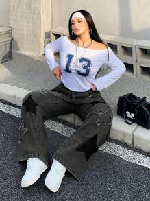SHEIN ICON 大码女式前扣口袋五角星休闲牛仔裤 - 深灰色 - 查看 6