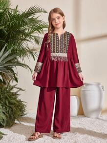 SHEIN Tween Girls Tassel Trim Print Patchwork Flare Sleeve Shirt And Wide Leg Pants 2pcs Set - Burgundy - View 5