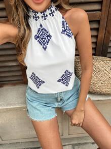 SHEIN Unity Blus Wanita Motif Geometris Kasual untuk Liburan dengan Leher Halter - Biru - View 6