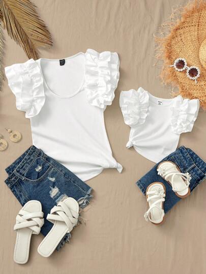 SHEIN 配套女婴休闲针织白色夏季上衣，母女配套服装（2 件单独出售）