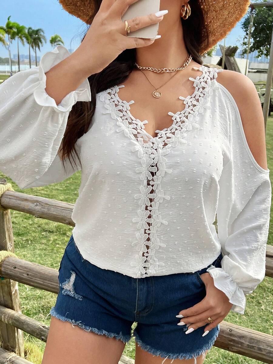 Flirla Plus Size V-Neck Off Shoulder Long Sleeve Floral Lace Patchwork Fuzzy Jacquard White Elegant Vacation Shirt For Women Fall Cloth For Women - White - View 1