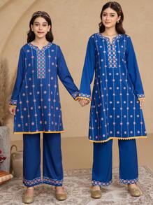 2pcs/Set Teenage Girls Printed Long Sleeve Top & Pants Set - Blue - View 1