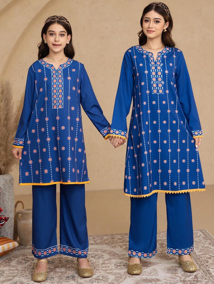 2pcs/Set Teenage Girls Printed Long Sleeve Top & Pants Set - Blue - View 1