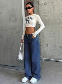 SHEIN Cottnline 100% Cotton LOW RISE WIDELEG CUT LIGHT BLUE WOMEN JEAN - Medium Wash - View 4