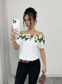 Elenzga Elegant Off Shoulder Ruffle Trim Short Sleeve Blouse