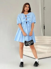 SHEIN EZwear 大码蓝色蝴蝶结装饰连衣裙，春夏 - 藍色 - 查看 5