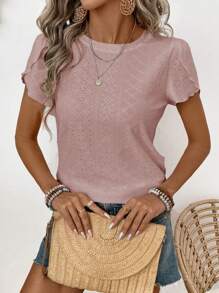 SHEIN LUNE 女士纯色烂花刺绣休闲圆领短袖 T 恤 - 粉色 - 查看 5