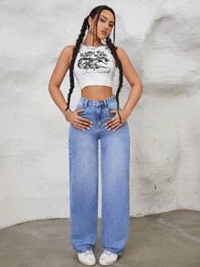 SHEIN ICON Women's Casual High Waisted Straight Leg Washed Denim Jeans