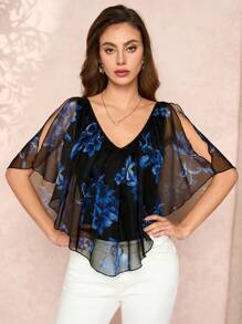 SHEIN Clasi 蓝色花卉印花露肩短袖修身女式T恤女士夏季服装情人节服装度假服装女士夏装女士露肩上衣花朵上衣露肩上衣雪纺上衣 - 藍色和黑色 - 查看 6