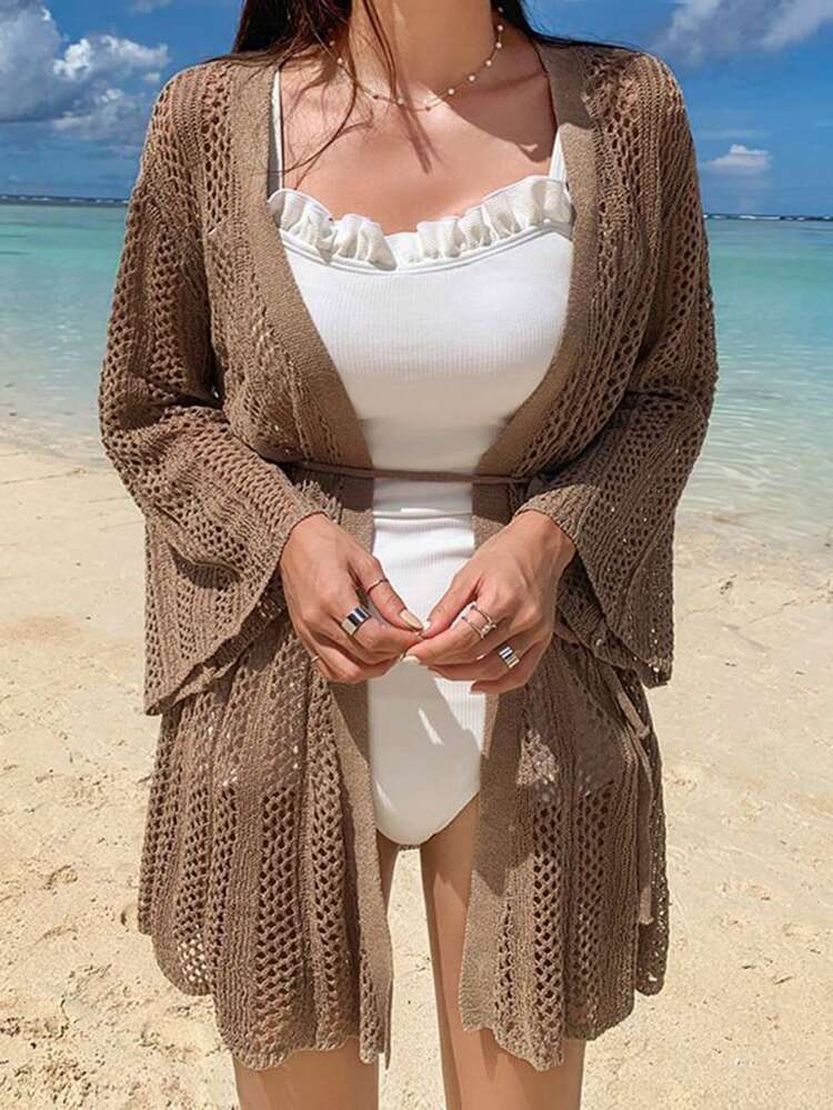 Women's Solid Color Crochet Knit Cardigan, Vacation & Beach