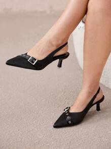 CUCCOO CURVES Giày cao gót mũi nhọn dáng rộng cỡ lớn, quai ngang mắt cá chân bằng vải satin màu đen thanh lịch, dùng được cho mọi mùa - màu đen - Xem 8