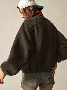 Bohemela Vacation Solid Knitted Raglan Sleeve Half Zip Up Loose Fit Women Hoodie - Brown - View 8