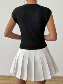 Chiquease 女式圆领盖袖短袖纯色纽扣针织上衣，春夏 - 黑色 - 查看 2