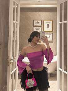 Elenzga Blusa corta elegante de hombros descubiertos para mujer, de unicolor, adecuada para el Día de San Valentín - Rosa Fucsia - Ver 3