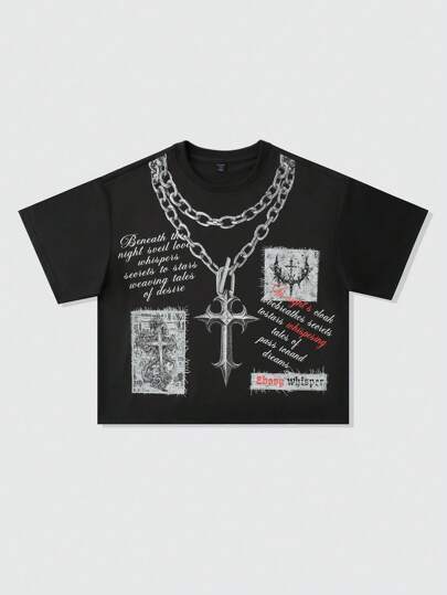 Goth Camiseta holgada de estilo corto con estampado para hombre, de peso pesado