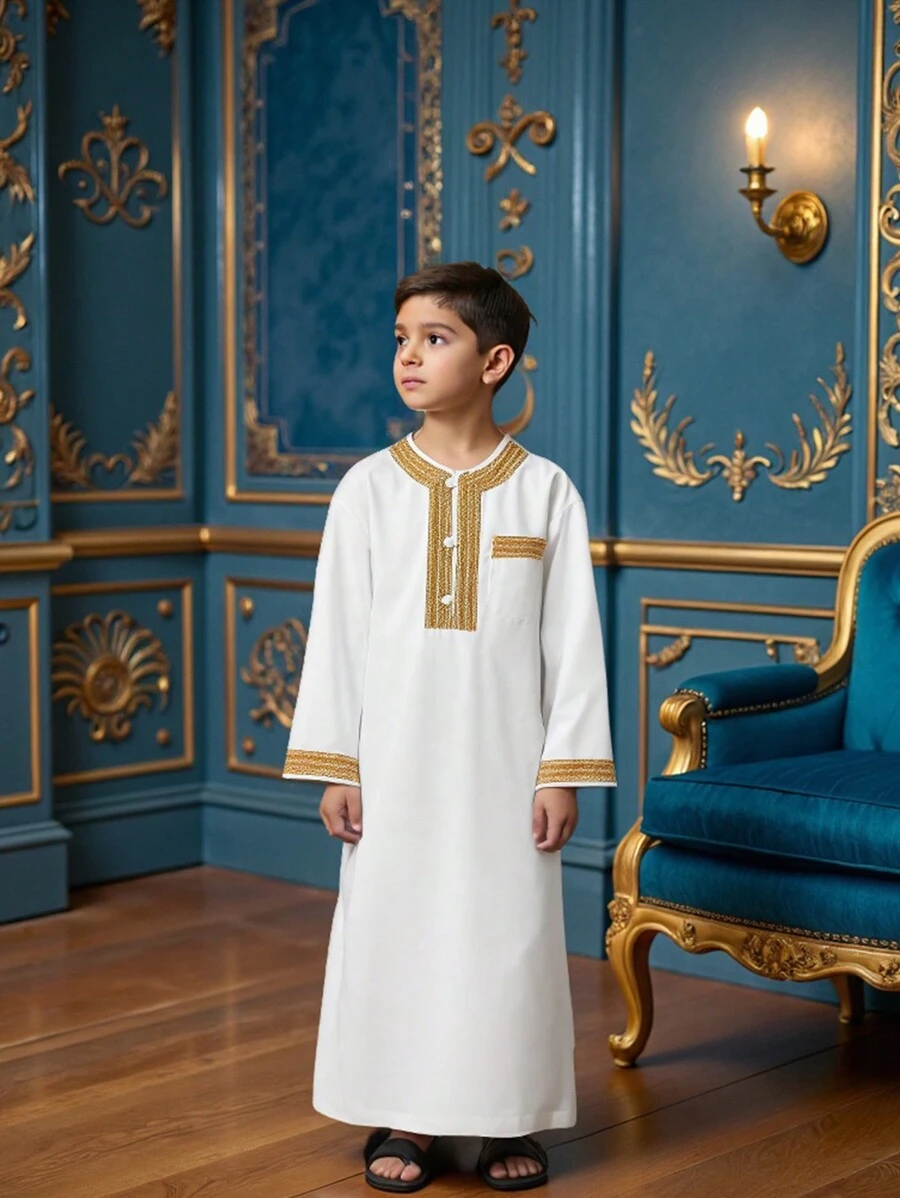 SHEIN Tween Boy Luxurious Gold-Trimmed Long Sleeve Robe Shirt, Spring/Summer - White - View 1