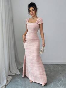 Rafferiza Damen figurbetontes Bodycon-Kleid im französischen Stil mit quadratischem Ausschnitt und Fischschwanz-Strickmuster - Rot - Übersicht 1