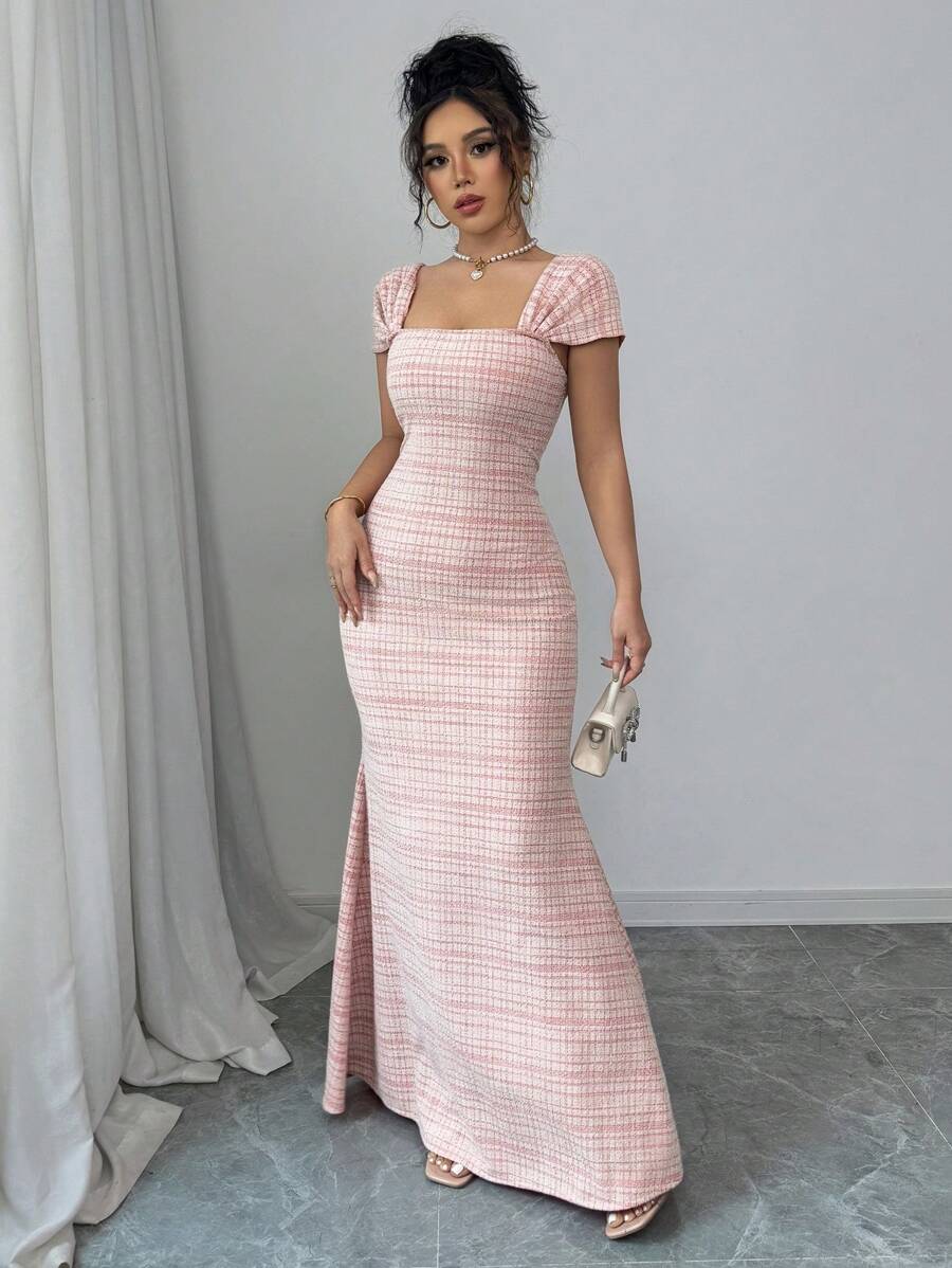 Rafferiza Damen figurbetontes Bodycon-Kleid im französischen Stil mit quadratischem Ausschnitt und Fischschwanz-Strickmuster - Rot - Übersicht 1