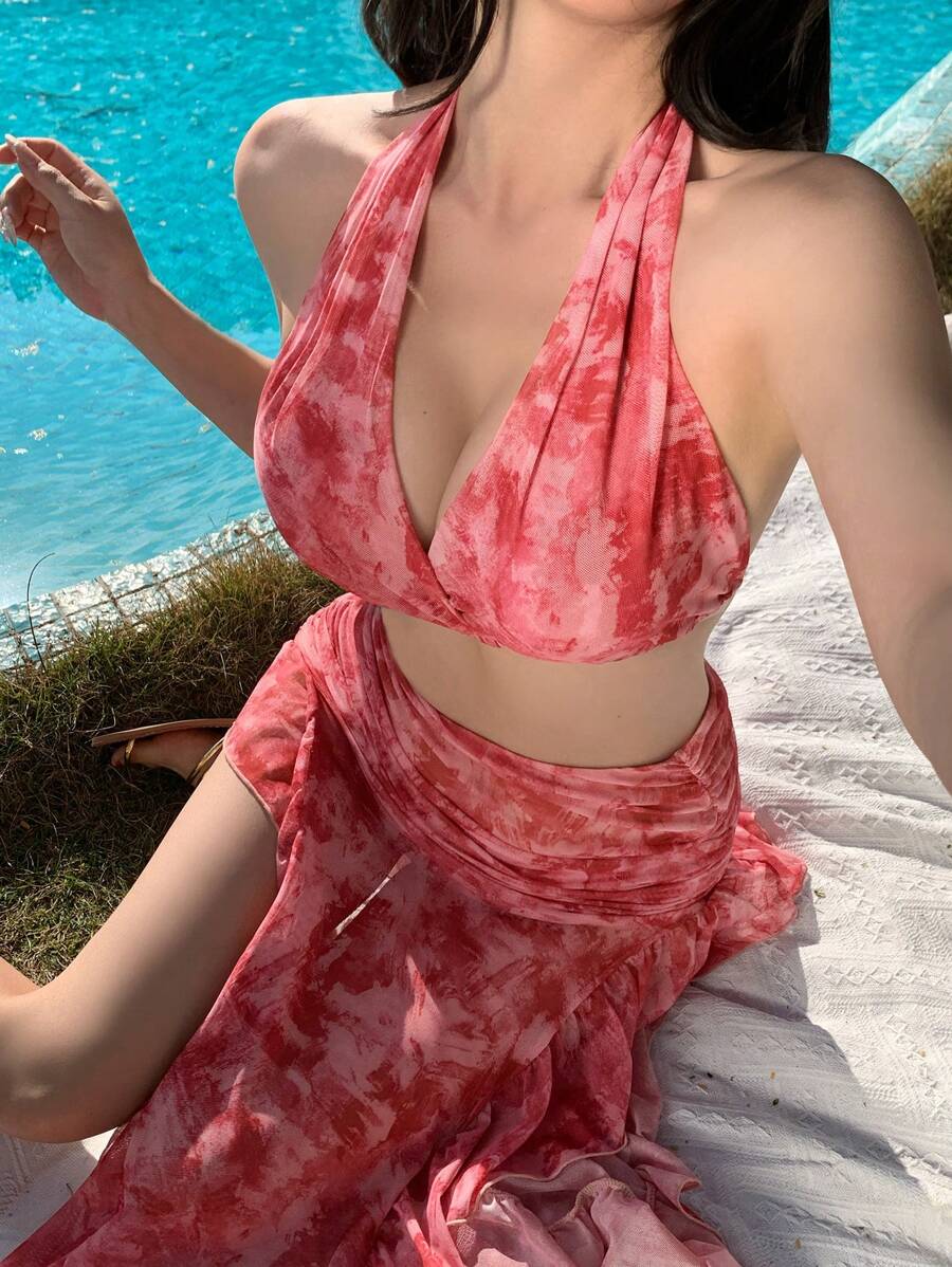 DAZY 女士印花性感挂脖比基尼套装，适合夏季海滩度假、节日派对、邮轮旅行等场合。 - 粉色 - 查看 1