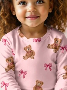 SHEIN Baby Girl Bear & Bow Pattern Casual Comfy Long Sleeve Top & Pants Pajama Set, Snug Fit, Suitable For All Seasons - Multicolor - View 4