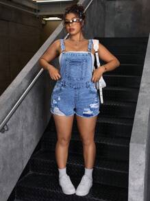 SHEIN ICON Women Plus Size Fashion Casual Versatile Washed Ripped Denim Bib Shorts - Light Wash - View 5