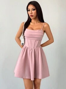 SHEIN PETITE 女士浪漫粉色收腰下摆连衣裙 - 粉色 - 查看 3